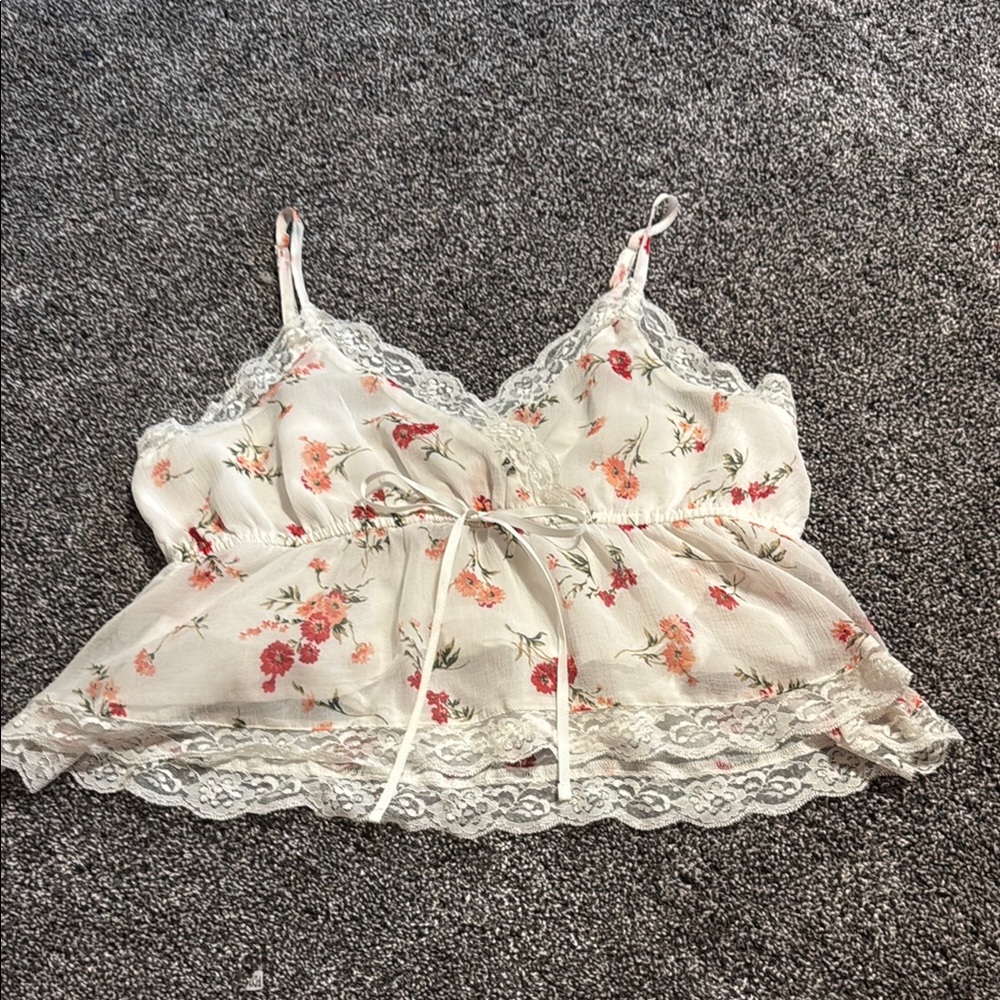 American Eagle Outfitters Cream Tie Front Ruffled Crop Camisole